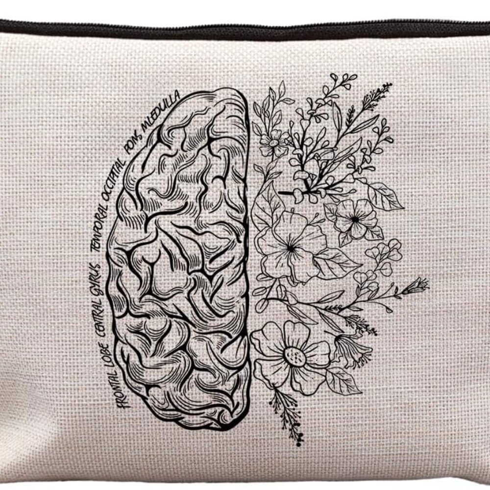 Mental Health Gifts, Floral Brain Makeup Bags for Women, Mental Health Therapist